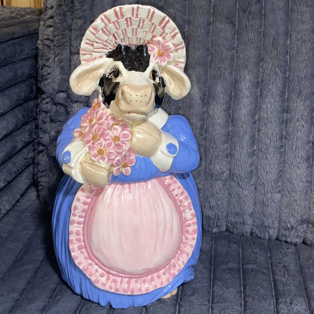VINTAGE RARE COW COOKIE JAR GOWN BONNET APRON Possible McCoy Unmarked Read descp